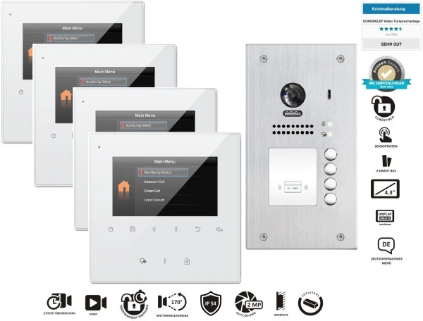 4 Familienhaus Videosprechanlage Set mit 4 Monitoren